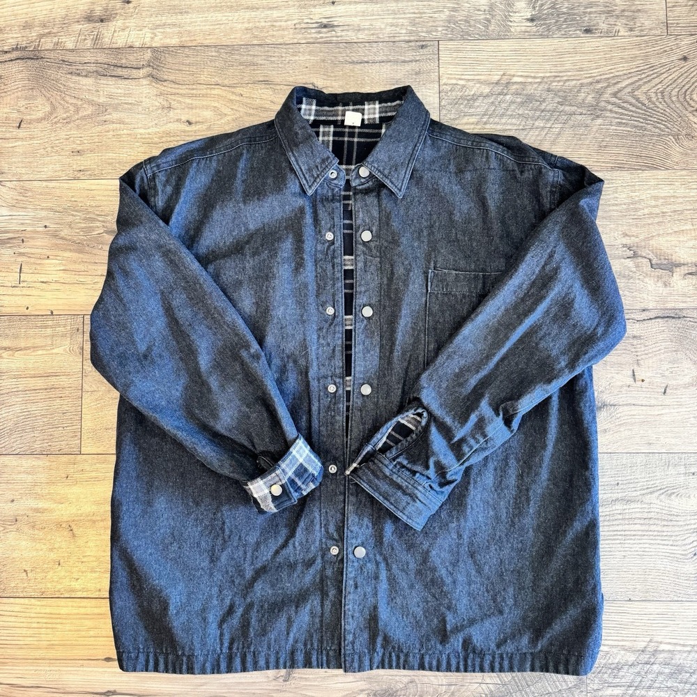 Denim Reversible Jacket Men's Black Plaid Lined Snap Front‎ Sz Large Barn Coat - Picture 2 of 13